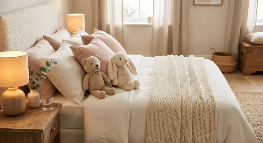 A plush bunny and teddy bear arranged on pillows on a cozy bed
