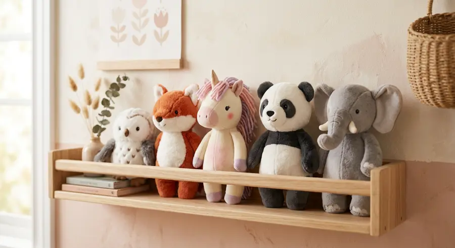 A wooden shelf displaying a collection of colorful plush animals