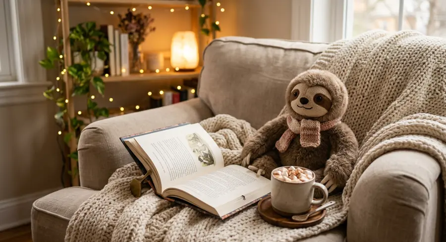 A plush sloth beside a book, a mug of cocoa, and a knit blanket on an armchair