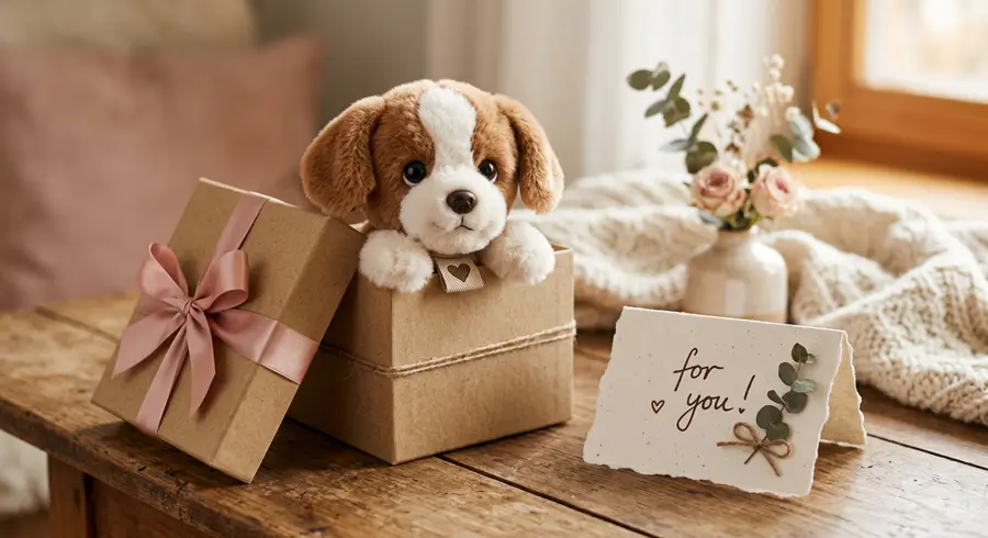 A plush puppy peeking out of a gift box tied with a pink ribbon