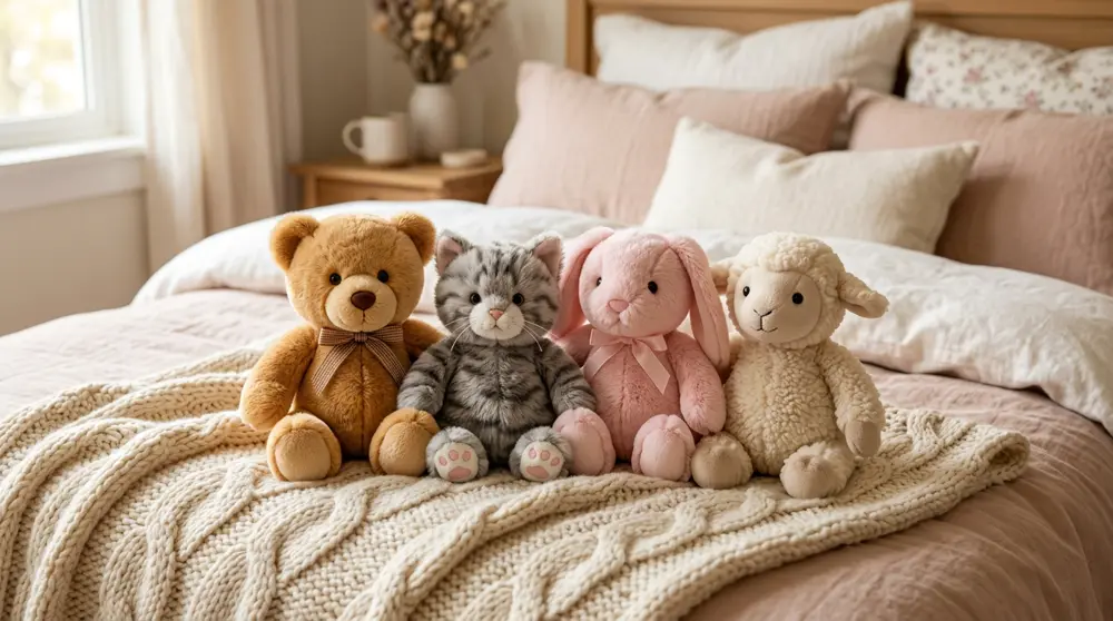 A teddy bear, kitten, bunny and lamb plush sitting together on a knitted blanket